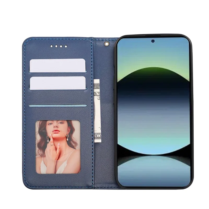 For Xiaomi Redmi Note 14 4G (164.84mm) Wallet Phone Case Checkered Pattern Imprint Leather Flip Cover with Wrist Strap - Blue