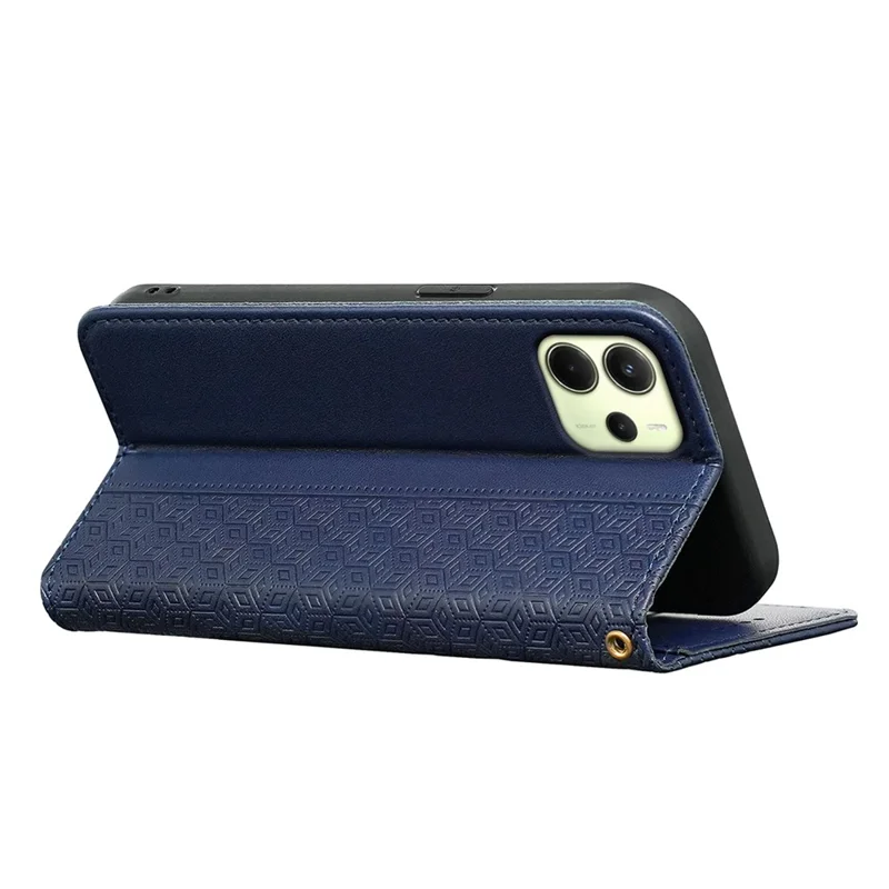 For Xiaomi Redmi Note 14 4G (164.84mm) Wallet Phone Case Checkered Pattern Imprint Leather Flip Cover with Wrist Strap - Blue