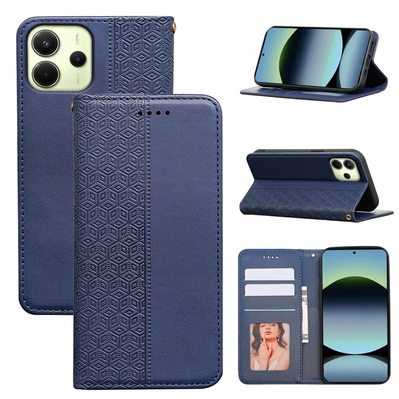 For Xiaomi Redmi Note 14 4G (164.84mm) Wallet Phone Case Checkered Pattern Imprint Leather Flip Cover with Wrist Strap - Blue
