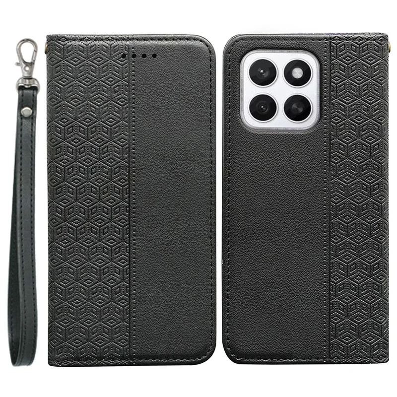 For Honor X8c 4G Wallet Phone Case Checkered Pattern Imprint Leather Flip Cover with Wrist Strap - Black