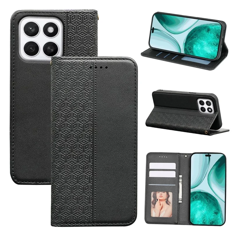 For Honor X8c 4G Wallet Phone Case Checkered Pattern Imprint Leather Flip Cover with Wrist Strap - Black