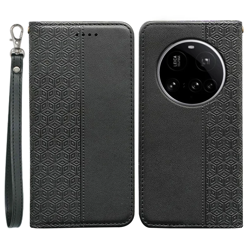 For Xiaomi 15 Ultra Wallet Phone Case Checkered Pattern Imprint Leather Flip Cover with Wrist Strap - Black
