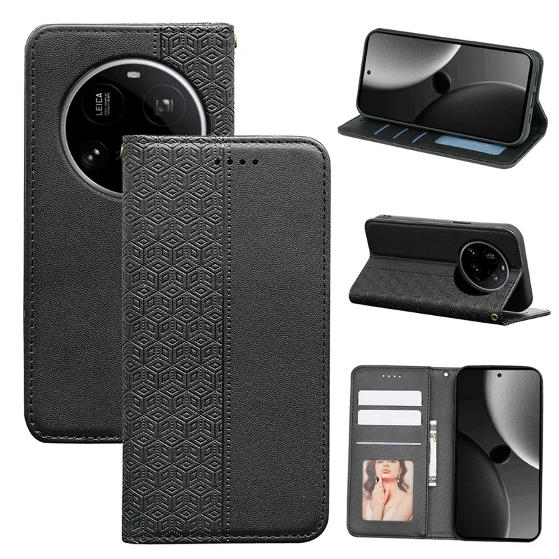For Xiaomi 15 Ultra Wallet Phone Case Checkered Pattern Imprint Leather Flip Cover with Wrist Strap - Black