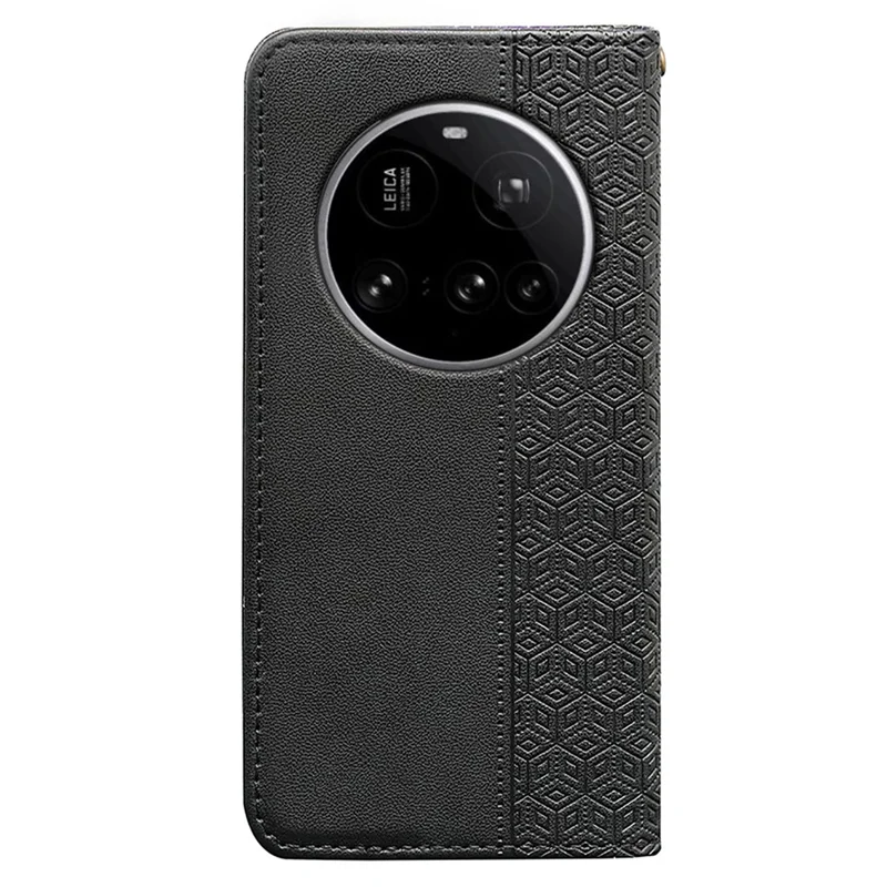 For Xiaomi 15 Ultra Wallet Phone Case Checkered Pattern Imprint Leather Flip Cover with Wrist Strap - Black