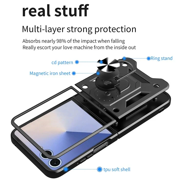 Pour Samsung Galaxy Z Flip7 5G Étui avec Couvercle de Caméra Coulissant PC + TPU Support Coque de Téléphone - Noir