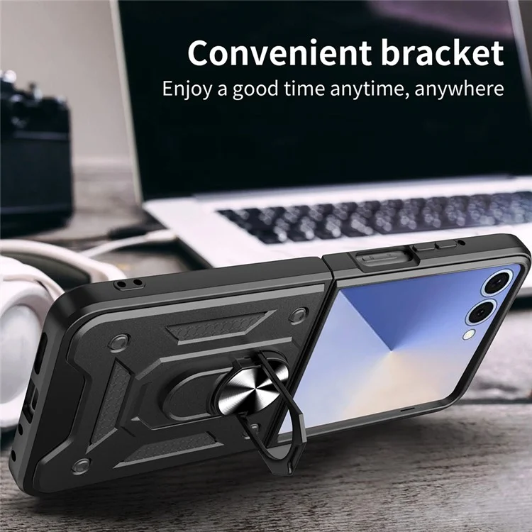 Pour Samsung Galaxy Z Flip7 5G Étui avec Couvercle de Caméra Coulissant PC + TPU Support Coque de Téléphone - Noir