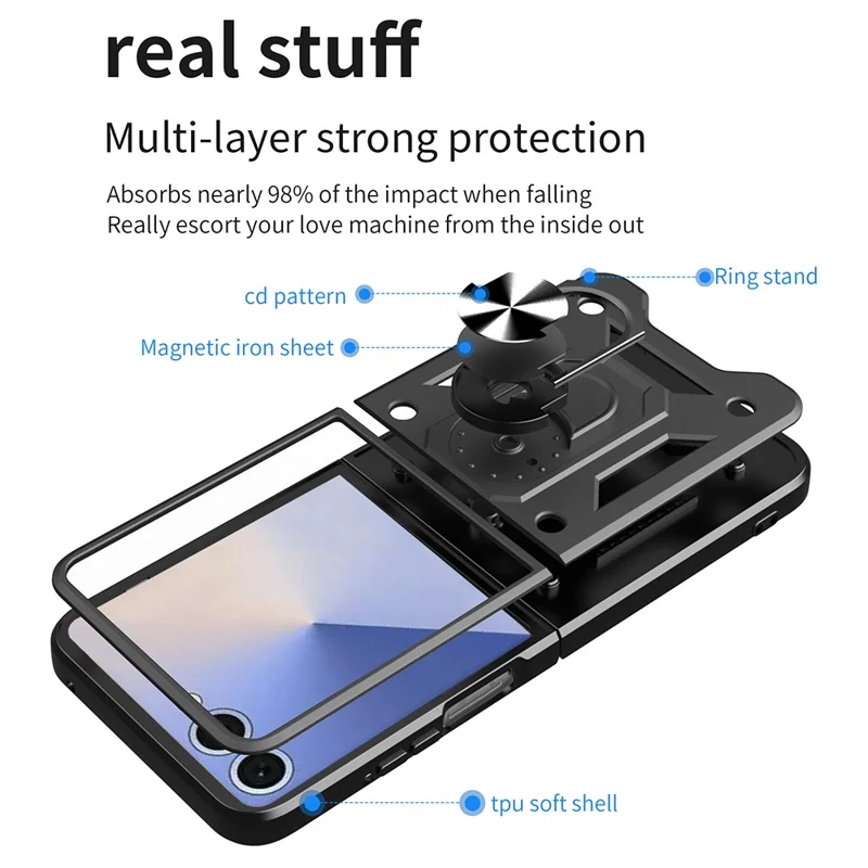 For Samsung Galaxy Z Flip7 5G Case with Slide Camera Lid PC + TPU Kickstand Phone Cover - Silver