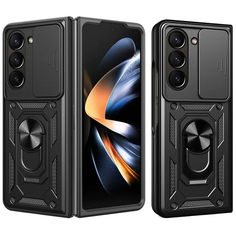 Étui pour Samsung Galaxy Z Fold7 5G avec couvercle coulissant pour caméra, PC + TPU avec support, Housse de téléphone - Noir Bleu