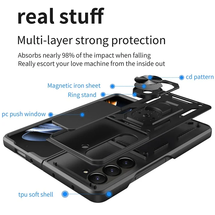 Étui pour Samsung Galaxy Z Fold7 5G avec couvercle coulissant pour caméra, PC + TPU avec support, Housse de téléphone - Noir Bleu