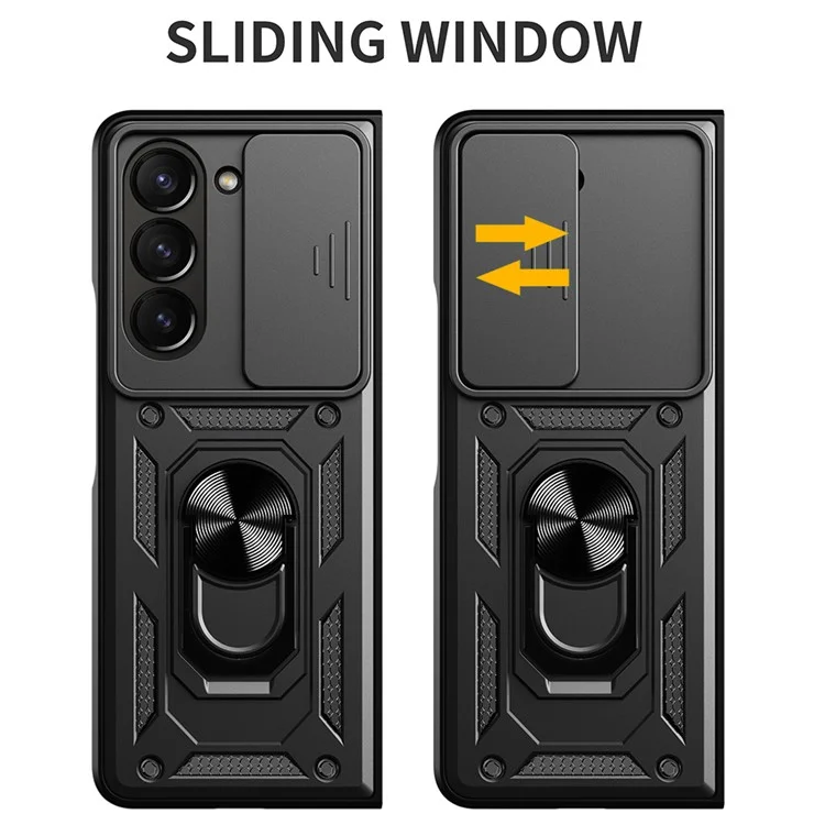 Étui pour Samsung Galaxy Z Fold7 5G avec couvercle coulissant pour caméra, PC + TPU avec support, Housse de téléphone - Noir Bleu