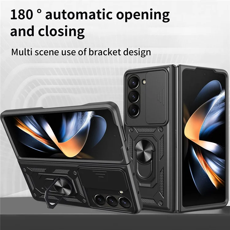 Étui pour Samsung Galaxy Z Fold7 5G avec couvercle coulissant pour caméra, PC + TPU avec support, Housse de téléphone - Noir Bleu