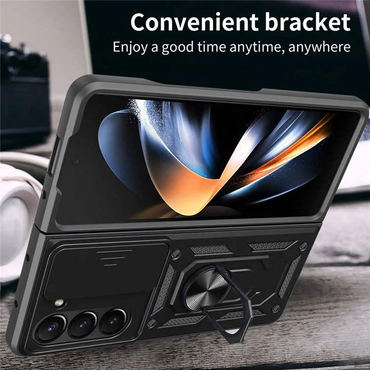 Étui pour Samsung Galaxy Z Fold7 5G avec couvercle coulissant pour caméra, PC + TPU avec support, Housse de téléphone - Noir Bleu