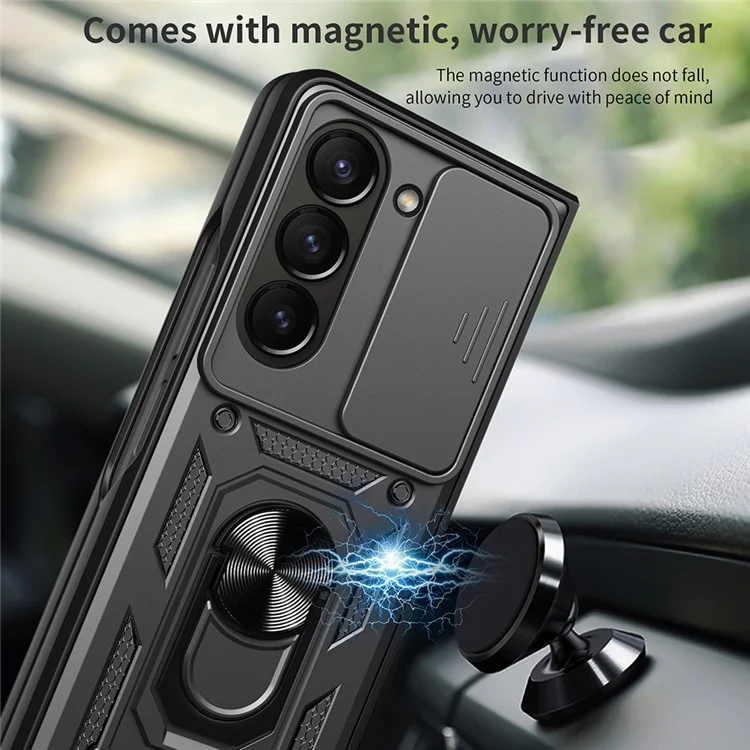 Étui pour Samsung Galaxy Z Fold7 5G avec couvercle coulissant pour caméra, PC + TPU avec support, Housse de téléphone - Noir Bleu