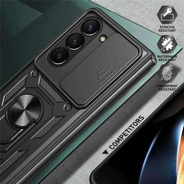 Étui pour Samsung Galaxy Z Fold7 5G avec couvercle coulissant pour caméra, PC + TPU avec support, Housse de téléphone - Noir Bleu