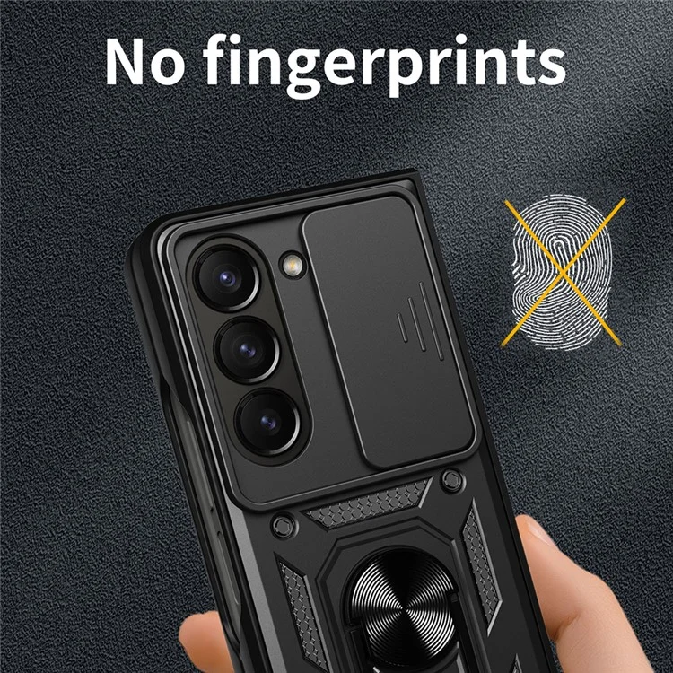 Étui pour Samsung Galaxy Z Fold7 5G avec couvercle coulissant pour caméra, PC + TPU avec support, Housse de téléphone - Noir Bleu