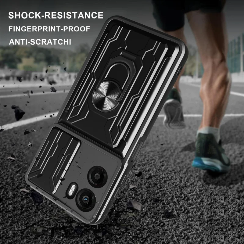 Voor Motorola Moto G05 4G hoesje PC + TPU met standaard en camerashuif - Zwart