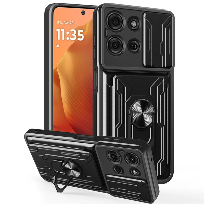 For Motorola Moto G75 5G Case PC + TPU Kickstand Phone Back Cover with Camera Slider - Black