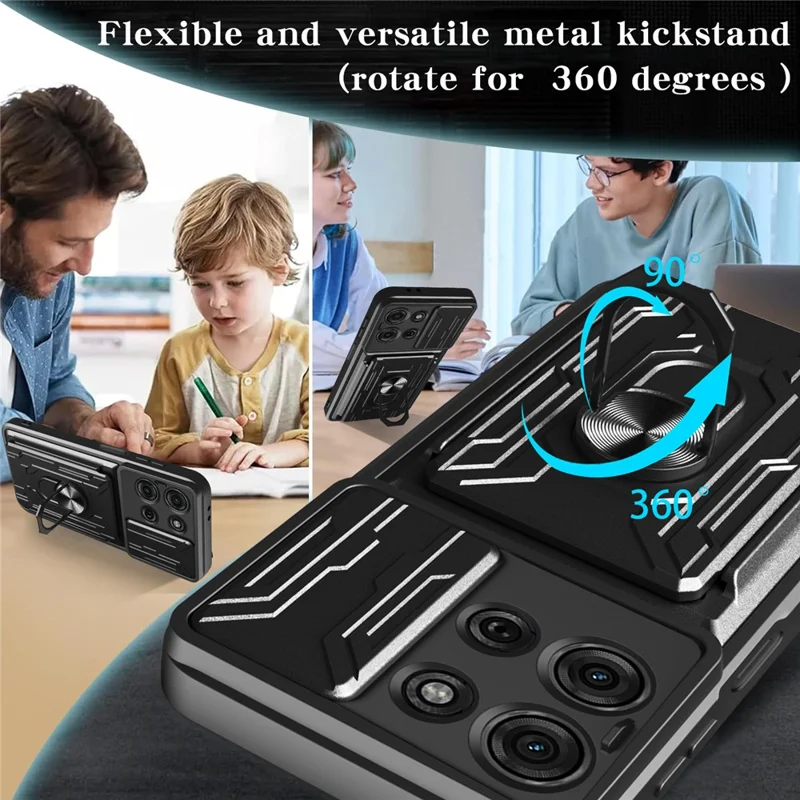 For Motorola Moto G75 5G Case PC + TPU Kickstand Phone Back Cover with Camera Slider - Black