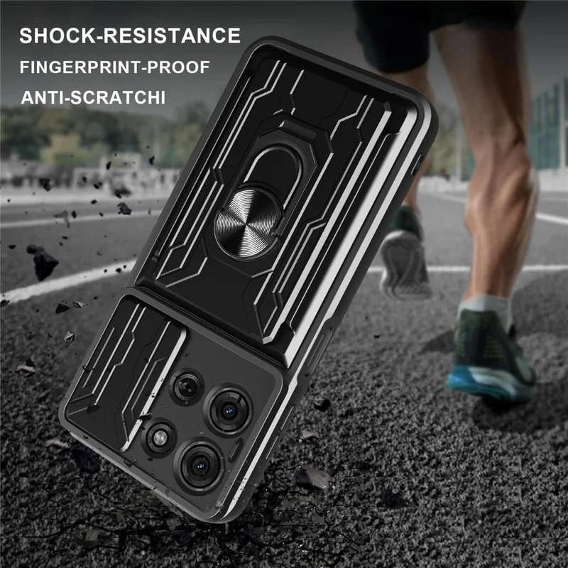 For Motorola Moto G75 5G Case PC + TPU Kickstand Phone Back Cover with Camera Slider - Black