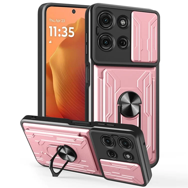 For Motorola Moto G75 5G Case PC + TPU Kickstand Phone Back Cover with Camera Slider - Rose Gold