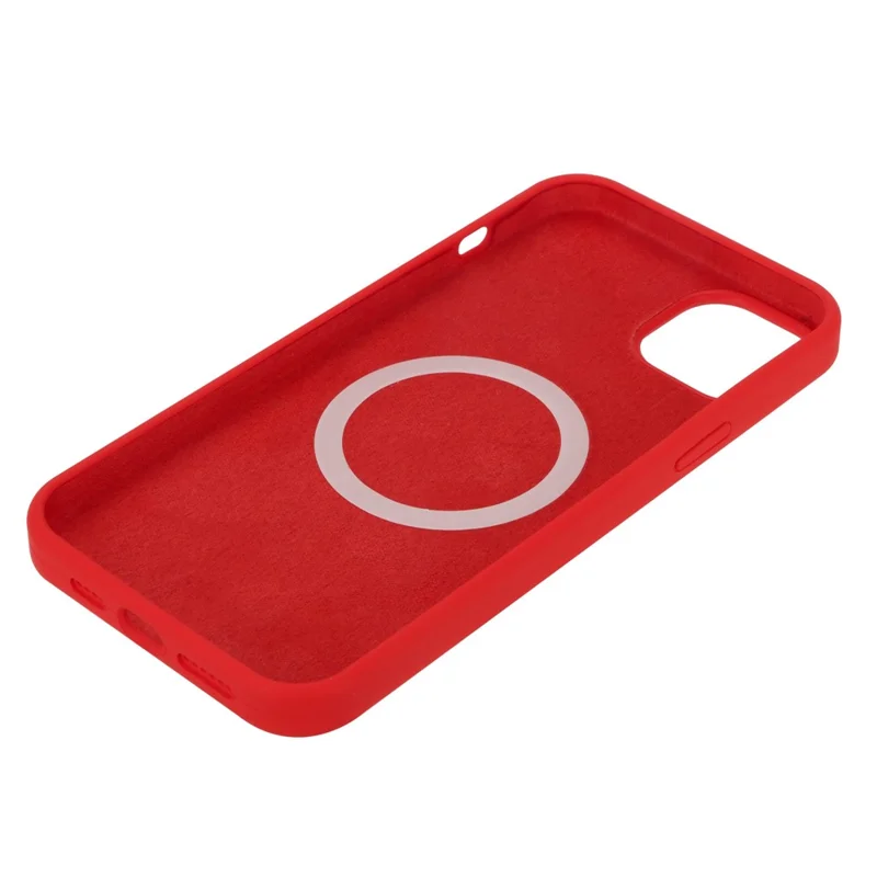 For iPhone 14 Solid Silicone Phone Case Compatible with MagSafe, Fiber Lining Cushion Anti-Scratch Protective Cover - Red
