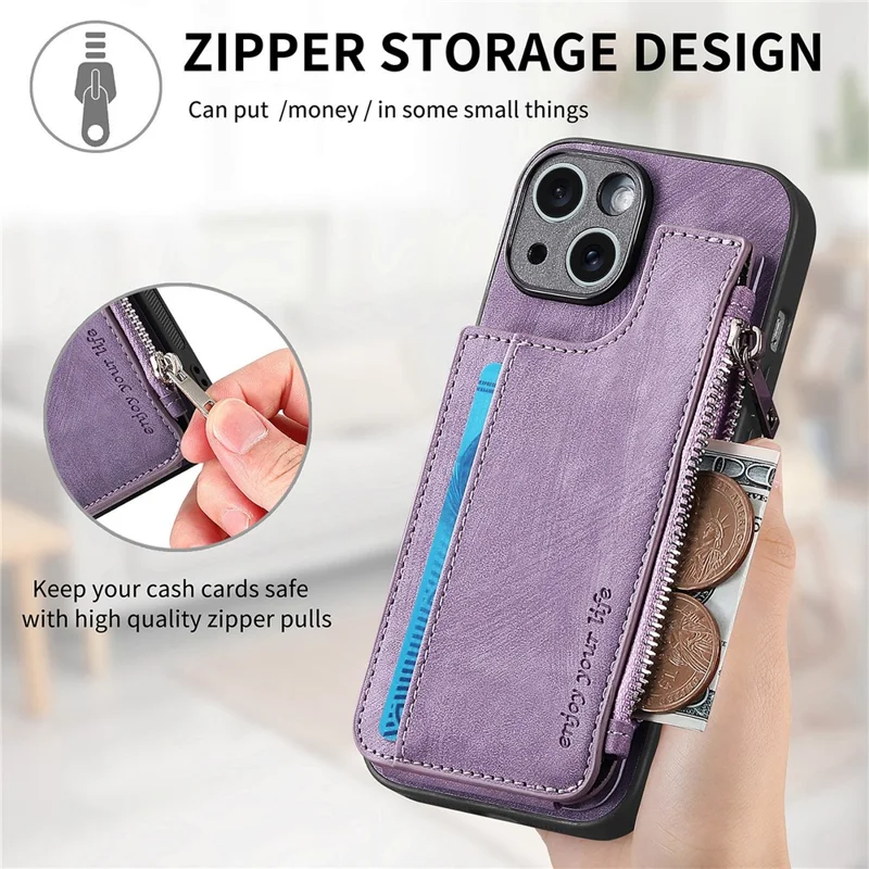 For iPhone 14 Case Zipper Card Holder Kickstand Leather + PC + TPU Phone Cover - Purple