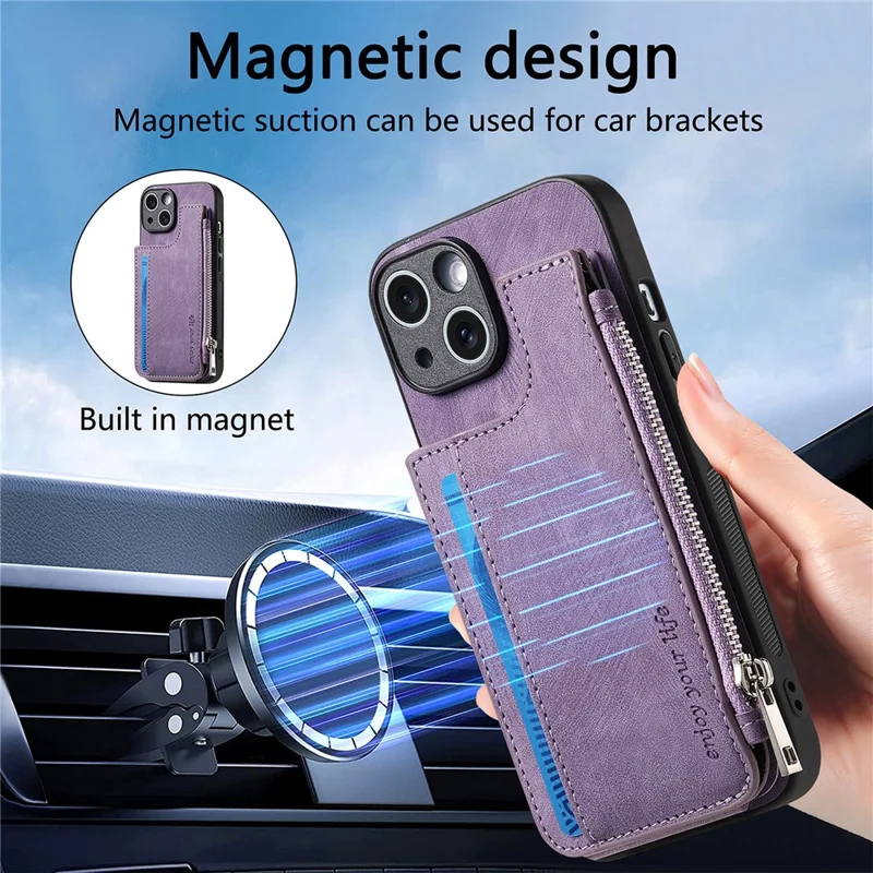 For iPhone 14 Case Zipper Card Holder Kickstand Leather + PC + TPU Phone Cover - Purple