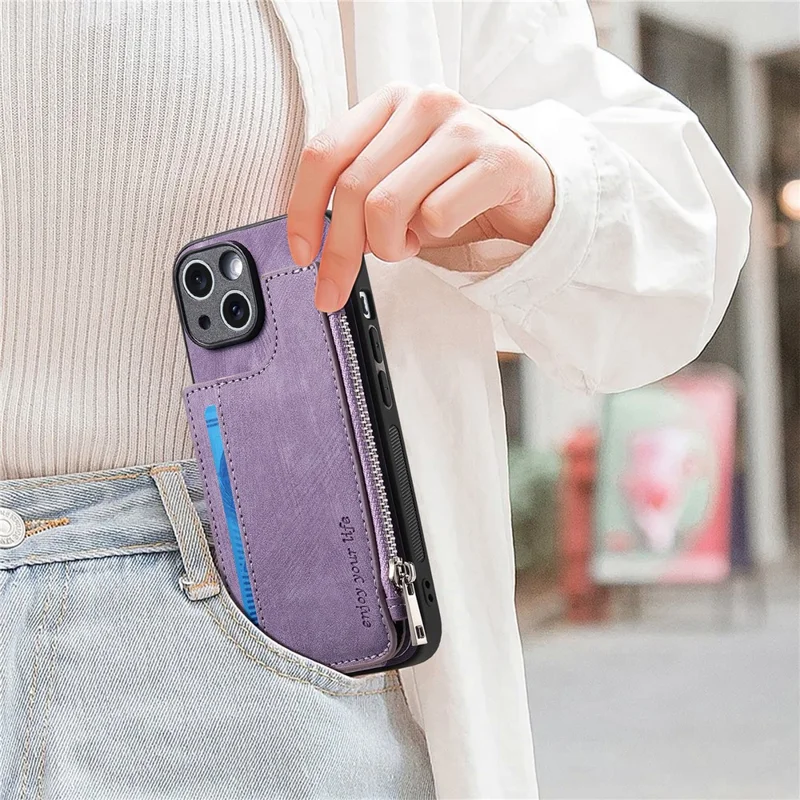 For iPhone 14 Case Zipper Card Holder Kickstand Leather + PC + TPU Phone Cover - Purple