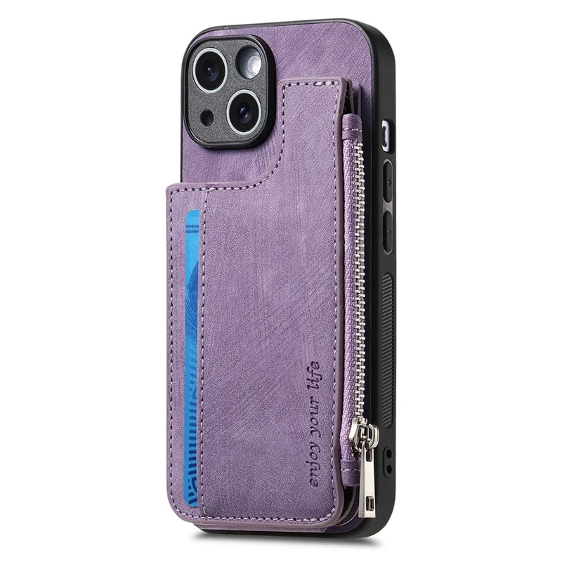 For iPhone 14 Case Zipper Card Holder Kickstand Leather + PC + TPU Phone Cover - Purple