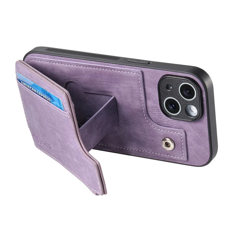 For iPhone 14 Case Zipper Card Holder Kickstand Leather + PC + TPU Phone Cover - Purple