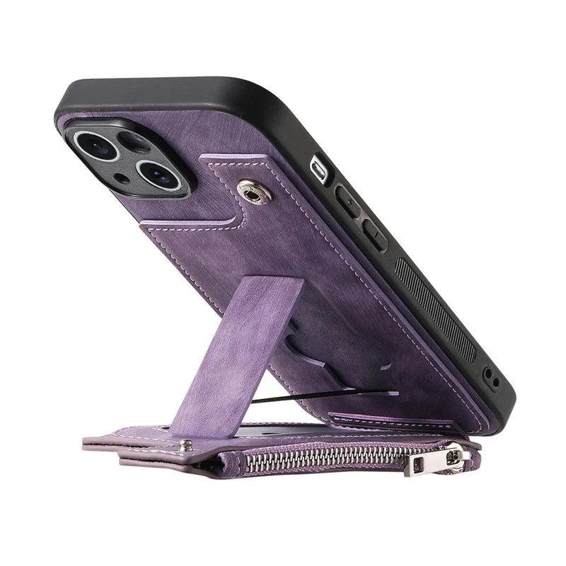 For iPhone 14 Case Zipper Card Holder Kickstand Leather + PC + TPU Phone Cover - Purple