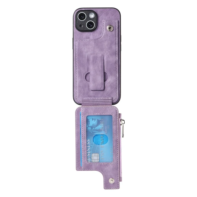 For iPhone 14 Case Zipper Card Holder Kickstand Leather + PC + TPU Phone Cover - Purple