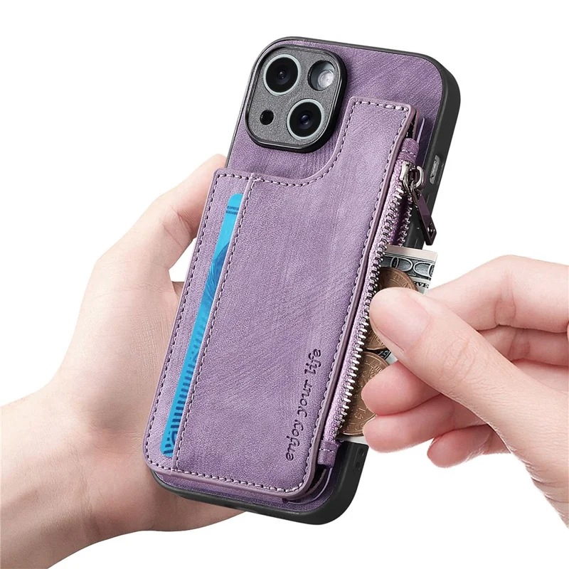For iPhone 14 Case Zipper Card Holder Kickstand Leather + PC + TPU Phone Cover - Purple