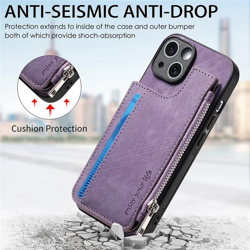 For iPhone 14 Case Zipper Card Holder Kickstand Leather + PC + TPU Phone Cover - Purple