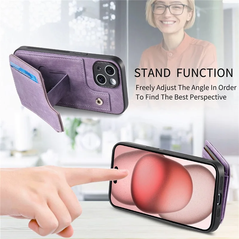 For iPhone 14 Case Zipper Card Holder Kickstand Leather + PC + TPU Phone Cover - Purple