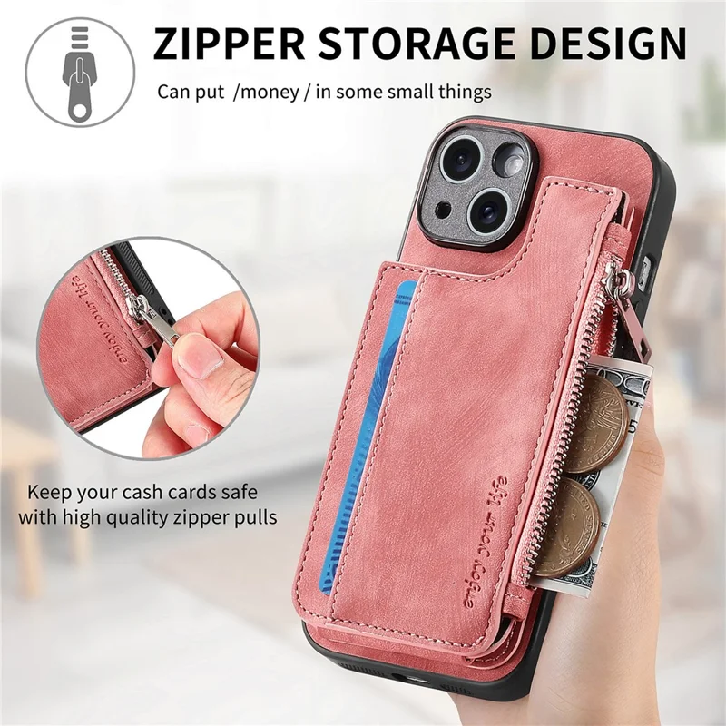 For iPhone 14 Case Zipper Card Holder Kickstand Leather + PC + TPU Phone Cover - Pink