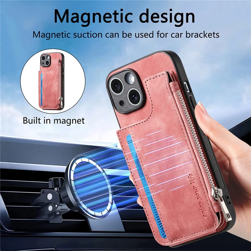 For iPhone 14 Case Zipper Card Holder Kickstand Leather + PC + TPU Phone Cover - Pink