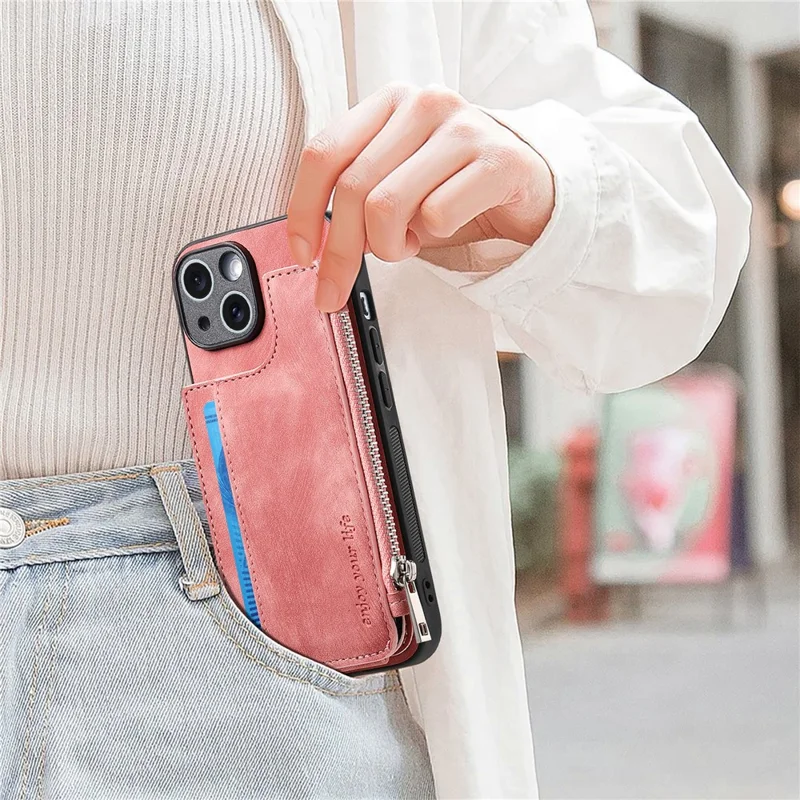 For iPhone 14 Case Zipper Card Holder Kickstand Leather + PC + TPU Phone Cover - Pink