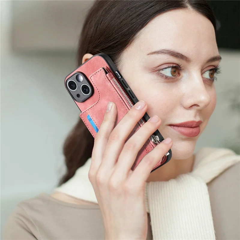 For iPhone 14 Case Zipper Card Holder Kickstand Leather + PC + TPU Phone Cover - Pink