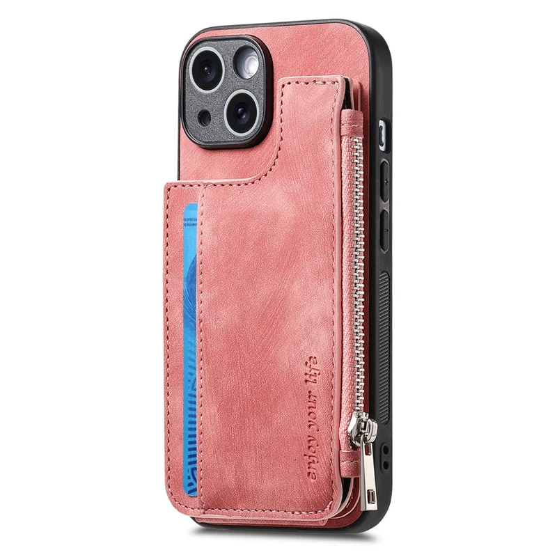 For iPhone 14 Case Zipper Card Holder Kickstand Leather + PC + TPU Phone Cover - Pink