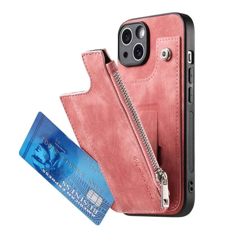For iPhone 14 Case Zipper Card Holder Kickstand Leather + PC + TPU Phone Cover - Pink
