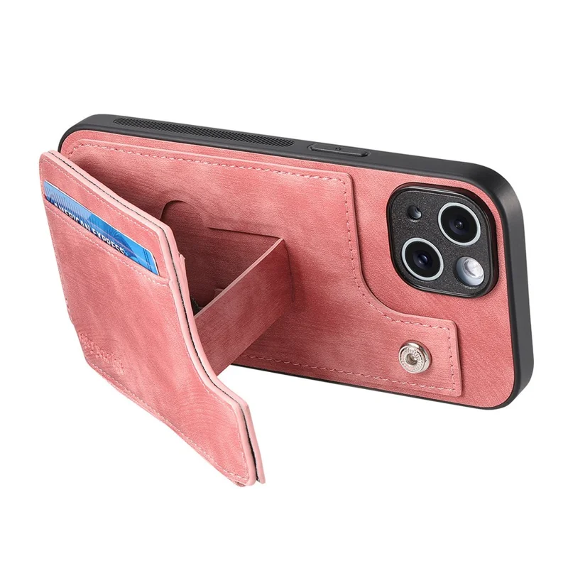 For iPhone 14 Case Zipper Card Holder Kickstand Leather + PC + TPU Phone Cover - Pink