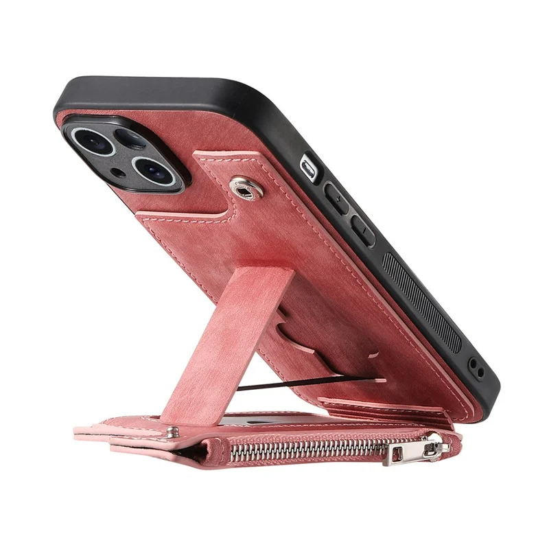 For iPhone 14 Case Zipper Card Holder Kickstand Leather + PC + TPU Phone Cover - Pink
