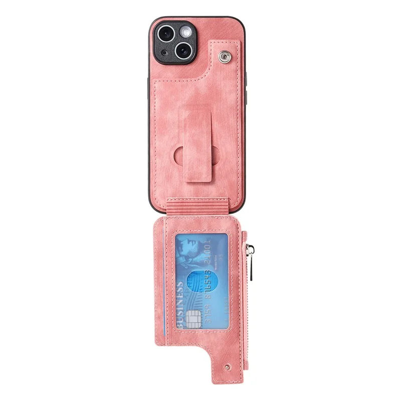 For iPhone 14 Case Zipper Card Holder Kickstand Leather + PC + TPU Phone Cover - Pink