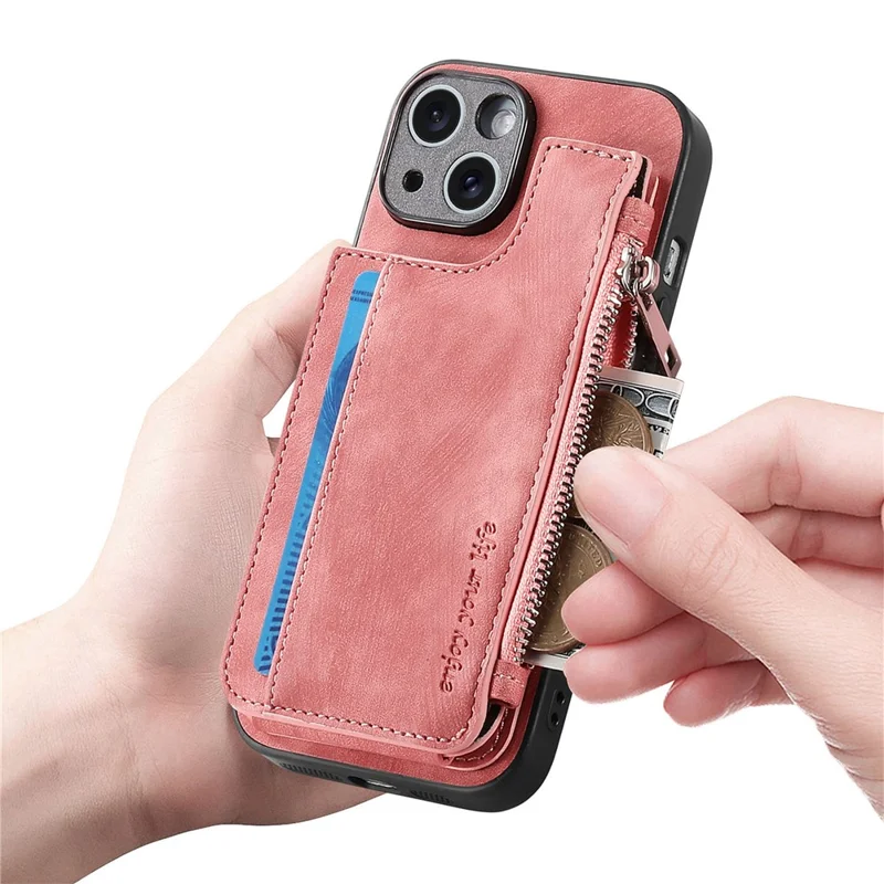 For iPhone 14 Case Zipper Card Holder Kickstand Leather + PC + TPU Phone Cover - Pink