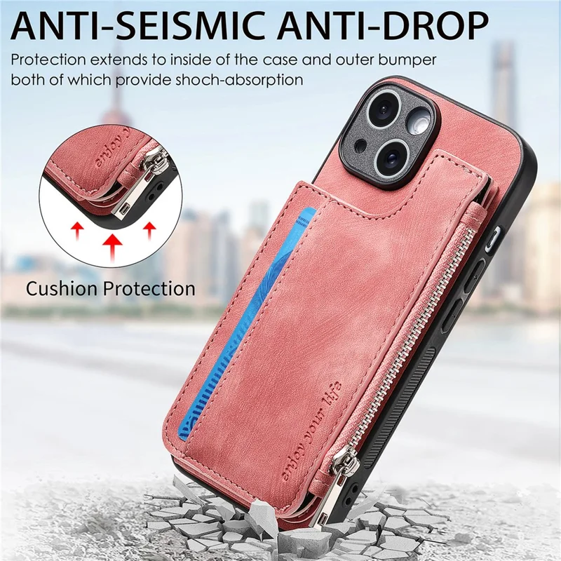 For iPhone 14 Case Zipper Card Holder Kickstand Leather + PC + TPU Phone Cover - Pink