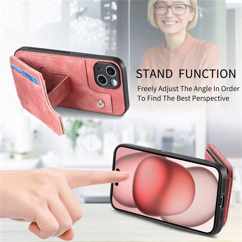 For iPhone 14 Case Zipper Card Holder Kickstand Leather + PC + TPU Phone Cover - Pink