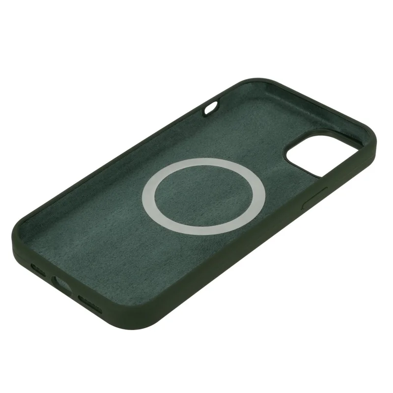 For iPhone 14 Plus Magnetic Solid Silicone Case Compatible with MagSafe, Fiber Lining Shock Resistant Phone Shell Cover - Army Green