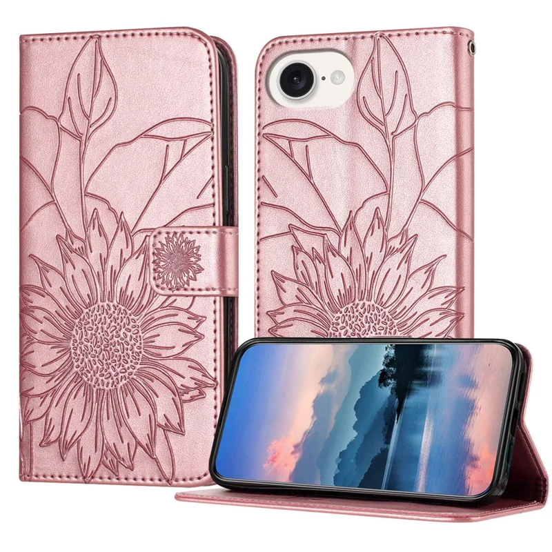 For iPhone 17e / 16e Case Sunflower Imprinted Wallet Stand Folio Flip Leather Cover - Rose Gold