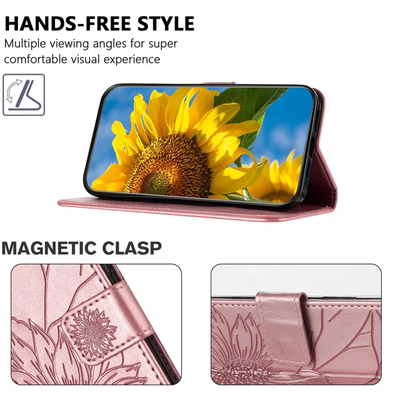 For iPhone 17e / 16e Case Sunflower Imprinted Wallet Stand Folio Flip Leather Cover - Rose Gold